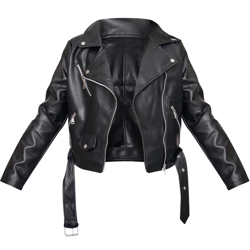 NWT PrettyLittleThing Black Faux Leather Belted Biker Jacket